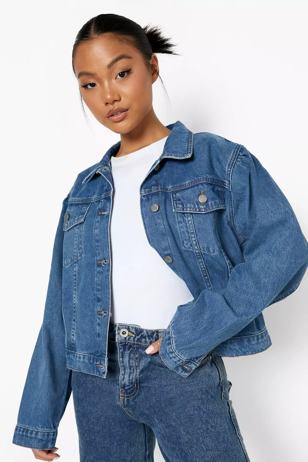 Womens puff sleeve denim hot sale jacket